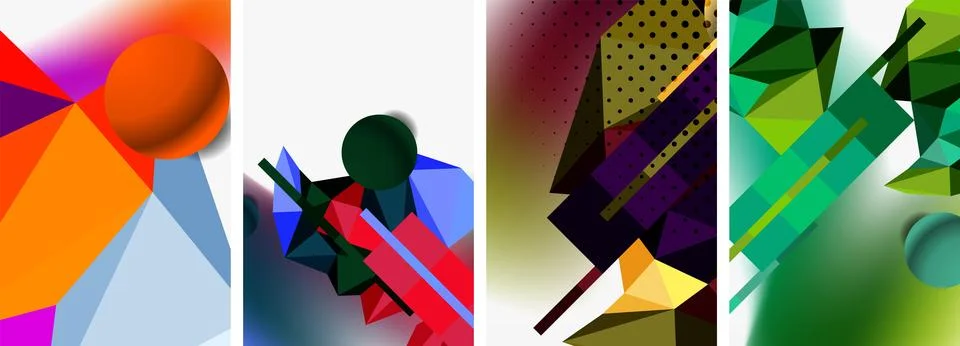 Set of geometric abstract composition with spheres and triangles. Vector Stock Illustration
