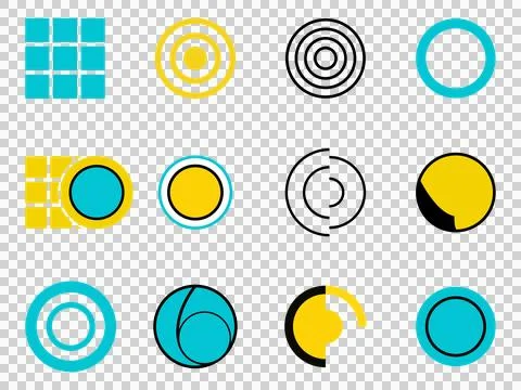 Set of geometric abstract icons featuring circles and grid patterns isolated Stock Illustration