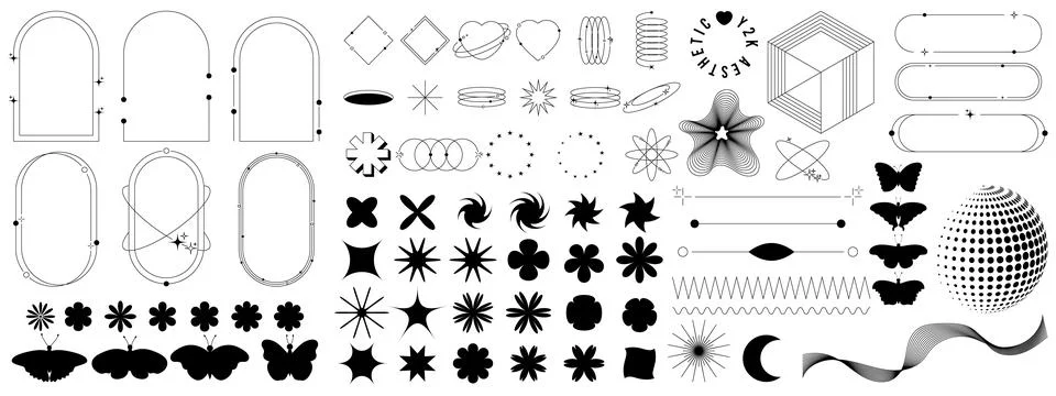 Set of geometric elements in trendy retro style. 00s Y2k aesthetic. Modern mi Illustrazione stock