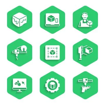 Set Geometric figure Cube, 3D printer setting, gun, scanner with cube, software Ilustração Stock