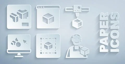 Set Geometric figure Cube, 3D printer cube, software, Graphic designer,  an.. Ilustração Stock