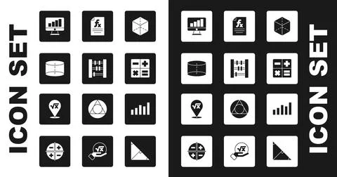 Set Geometric figure Cube, Abacus, Cylinder, Computer monitor with graph chart Stock Illustration