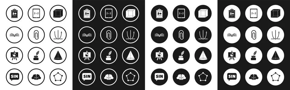 Set Geometric figure Cube, Paper clip, Open book, Test or exam sheet, Graph Stock Illustration