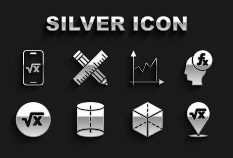 Set Geometric figure, Function mathematical symbol, Square root of x glyph, Cube Stock Illustration