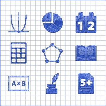 Set Geometric figure Pentagonal prism, Feather and inkwell, Test or exam sheet Illustrazione stock