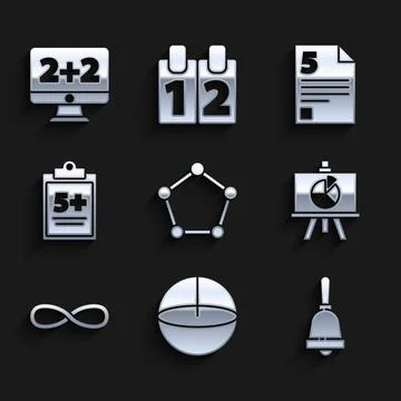 Set Geometric figure Pentagonal prism, Sphere, Ringing bell, Chalkboard with Illustrazione stock