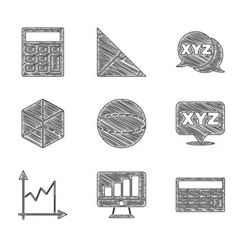 Set Geometric figure Sphere, Computer monitor with graph chart, Calculator, X Stock Illustration