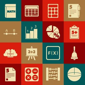Set Geometric figure Sphere, Ringing bell, Test or exam sheet, Calculator, Graph Stock Illustration