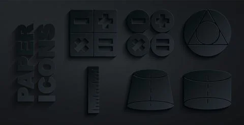 Set Geometric figure, Triangle math, Ruler, Cylinder, Calculator and  icon. V Stock Illustration