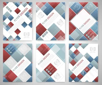 Set of geometric flyer template design with blue and red square elements. Cov Stock Illustration