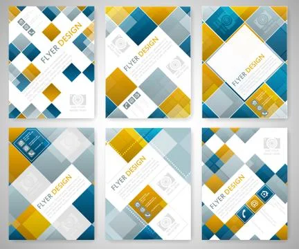 Set of geometric flyer template design with blue and red square elements. Cov 스톡 일러스트