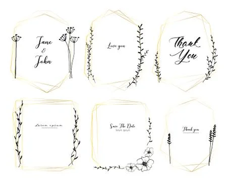 Set of geometric frame, Hand drawn flowers, Botanical composition, Decorative Stock Illustration