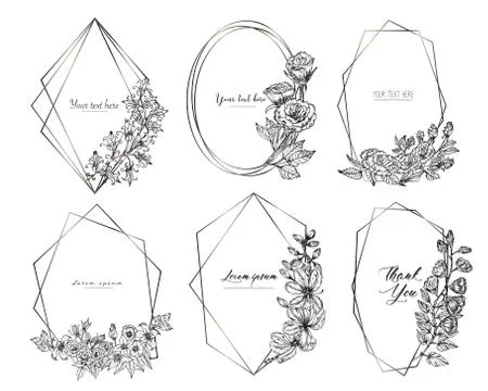 Set of geometric frame with hand drawn floral. Botanical composition.Decorati Stock Illustration