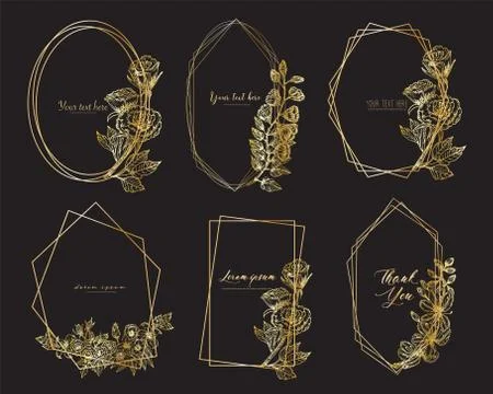 Set of geometric frame with hand drawn floral. Botanical composition.Decorati Stock Illustration