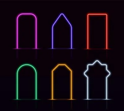 Set of geometric frames of different shapes with bright multi-colored neon glow. Stock Illustration