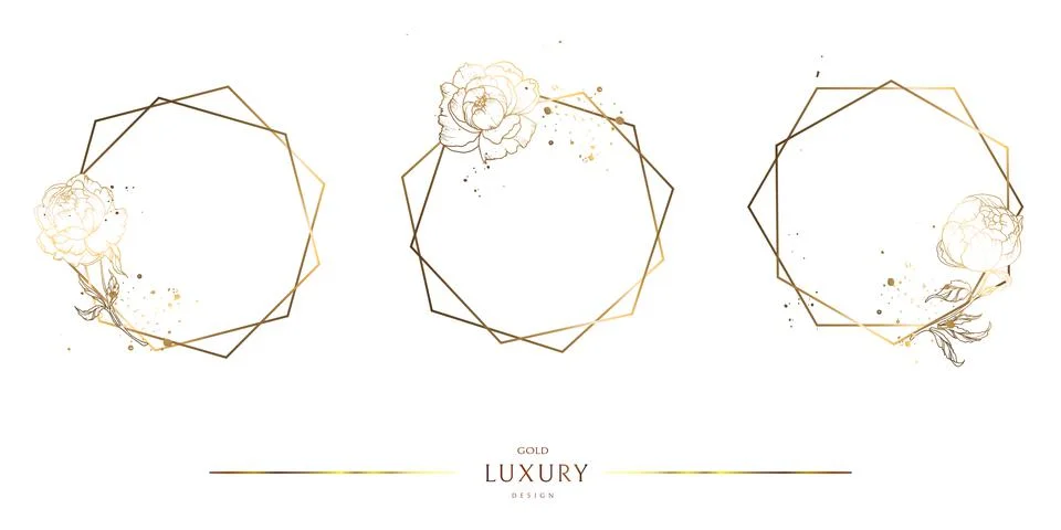 Set of geometric gold frames with peony buds. Shiny gold around the edges. Great Stock Illustration