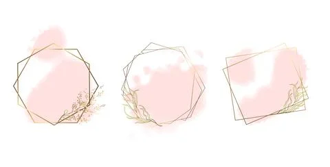Set of geometric golden frames with branches and pink watercolor stains. Grea Stock Illustration