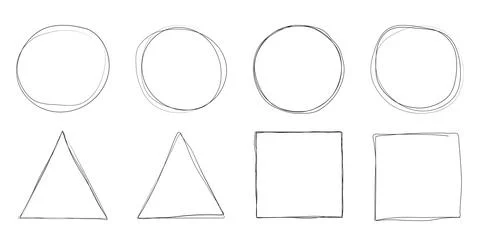 Set of Geometric Hand Drawn Pen Shapes of Circle, Rectangle and Triangle Stock Illustration