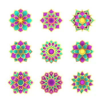 Set of Geometric Islamic Flower Mandala Object. Isolated Arabic Traditional.. Stock Illustration