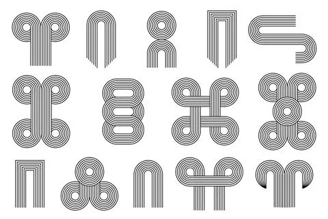 Set of geometric lines of arches and circles of twisted abstract shapes. Linear Stock Illustration
