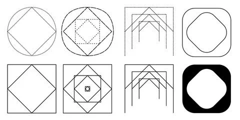 Set of geometric outline shapes including squares and circles, Minimalist l.. Illustrazione stock