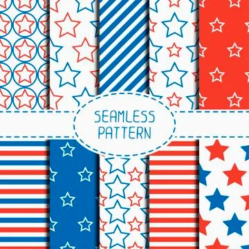 Set of geometric patriotic seamless pattern with red, white, blue stars Stock Illustration