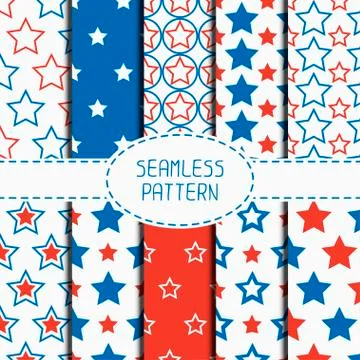 Set of geometric patriotic seamless pattern with red, white, blue stars Stock Illustration