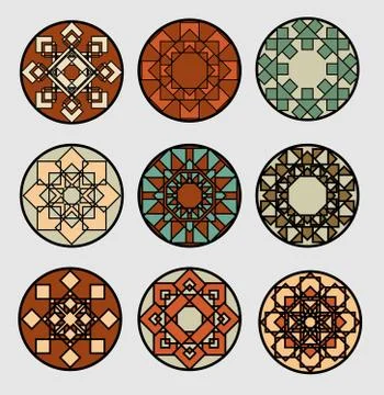 Set of geometric patterned circles in traditional ethnic style. Decoration fo Stock Illustration