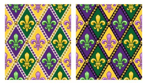 Set of geometric patterns with fleur de lis symbol. Diagonal rhombus grid. Stock Illustration