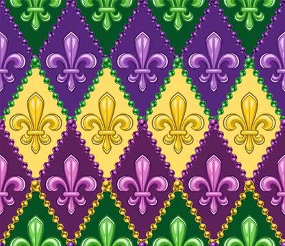 Set of geometric patterns with fleur de lis symbol. Diagonal rhombus grid. Stock Illustration