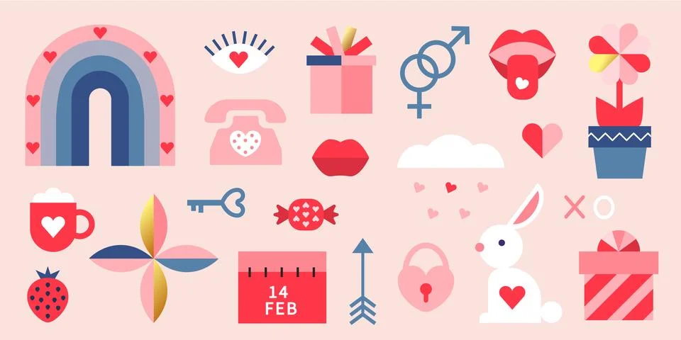 Set of geometric romantic elements for Valentine's Day.Vector graphics for 스톡 일러스트