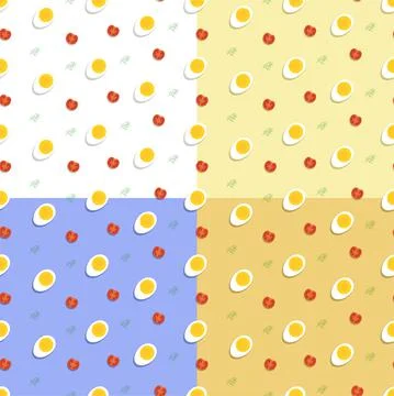 Set of geometric seamless patterns with boiled egg, tomato and dill. Healthy  Illustrazione stock