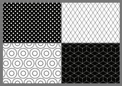 Set of geometric seamless patterns. Repeating classic ornaments with polka dots Illustrazione stock
