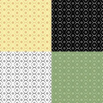 Set of geometric SEAMLESS patterns with swirl grid and abstract flowers. Orna Illustrazione stock