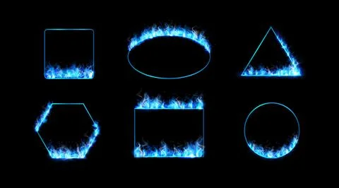 A set of geometric shapes with burning blue flames, smoke, sparks, and glow Stock Illustration