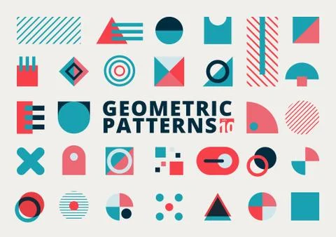 Set of geometric shapes flat design blue and pink color on white background. Stock Illustration