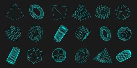Set of geometric shapes. Linear geometry on a black background. Stock Illustration
