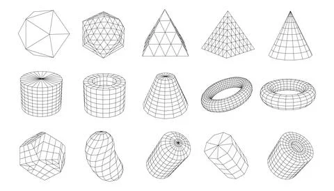 A set of geometric shapes from a wireframe. A collection of miscellaneous obj Stock Illustration
