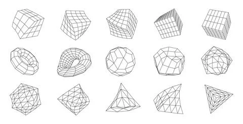 A set of geometric shapes from a wireframe. A collection of miscellaneous o.. Stock Illustration