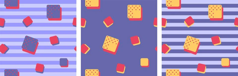 Set of geometric Vector seamless pattern. Red and yellow cubes on Very Peri Stock Illustration