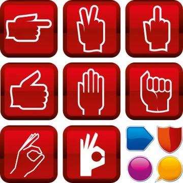 Set of gesture hand icons on square buttons. Geometric style. Stock Illustration