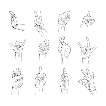Set gesture hand line art Stock Illustration