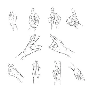 Set gesture hand line art Stock Illustration