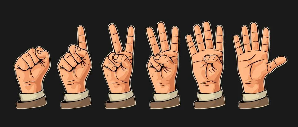 Set of gestures of hands counting from zero to five. Male Hand sign. Illustrazione stock