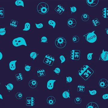 Set Ghost, Boo speech bubble, Eye and Halloween date 31 october on seamless Illustrazione stock