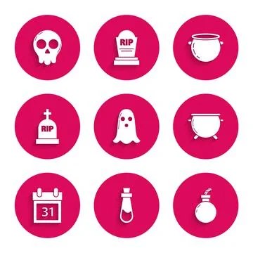 Set Ghost, Bottle with potion, Bomb ready to explode, Halloween witch cauldron Illustrazione stock