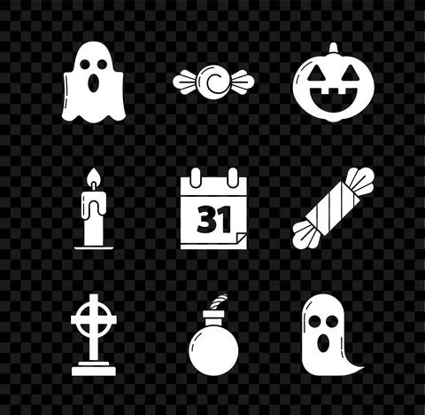 Set Ghost, Candy, Pumpkin, Tombstone with cross, Bomb ready explode, Burning 库存插图