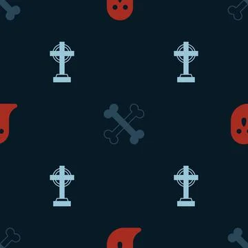 Set Ghost, Crossed bones and Tombstone with cross on seamless pattern. Vector Stock Illustration
