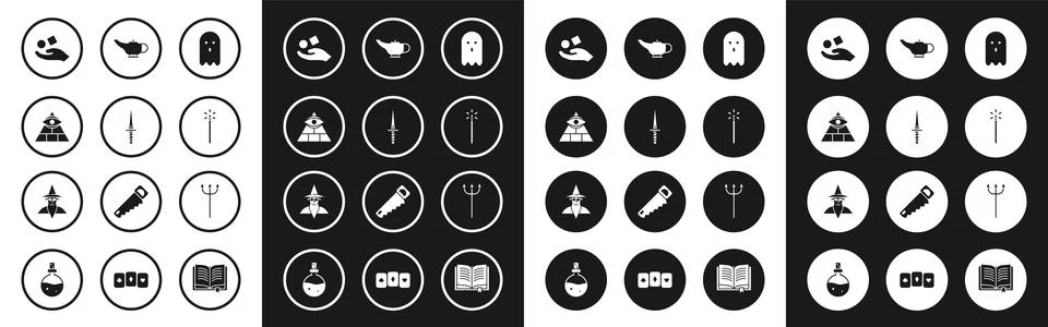 Set Ghost, Dagger, Masons, Cube levitating above hand, Magic wand, lamp or .. Stock Illustration