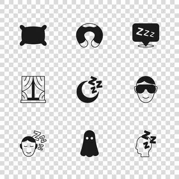 Set Ghost, Eye sleep mask, Dreams, Moon and stars, Sleepy, Pillow, Travel n.. Stock Illustration